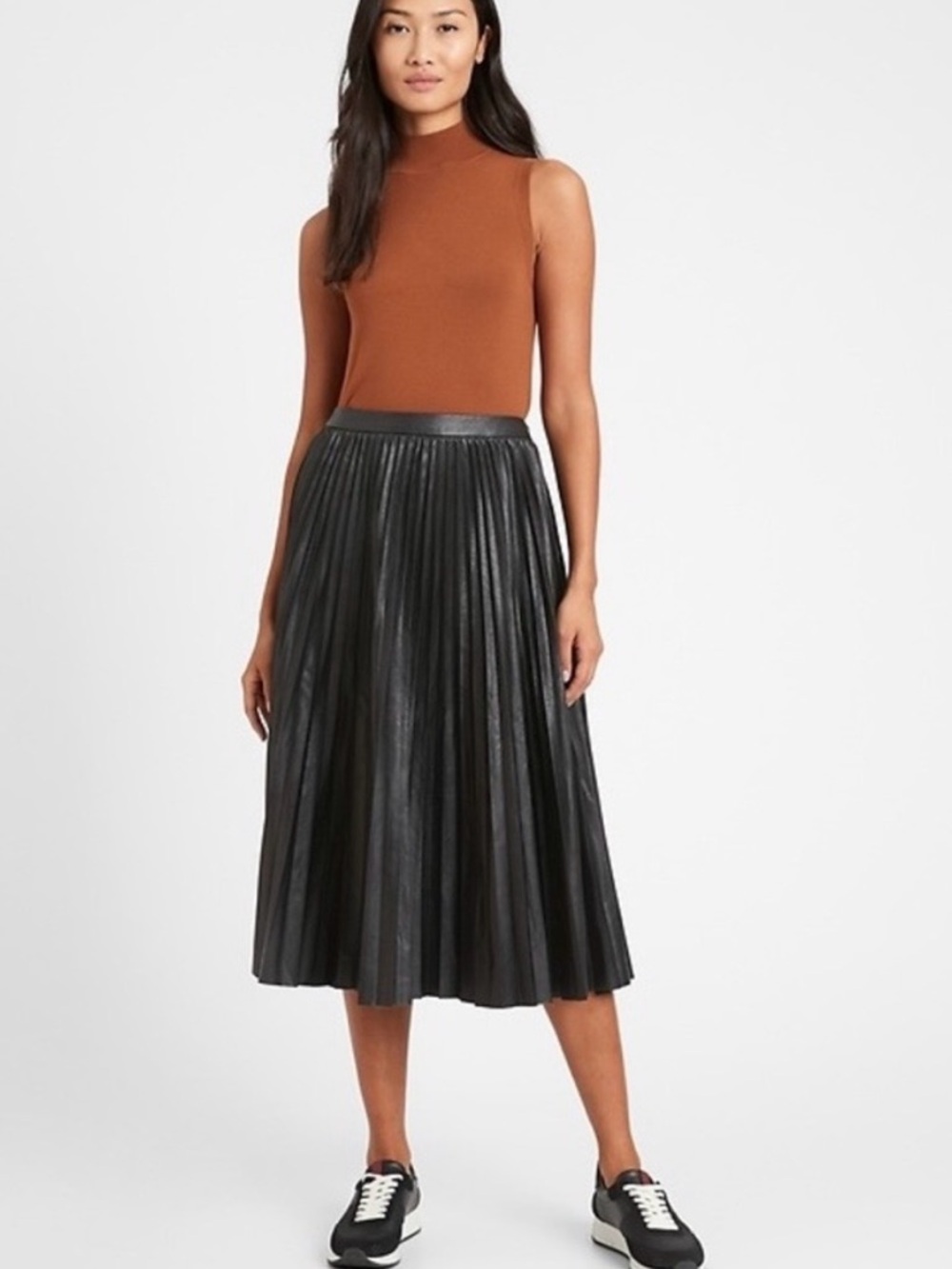 Banana Republic Factory Black Pleated Faux Leather Midi Skirt